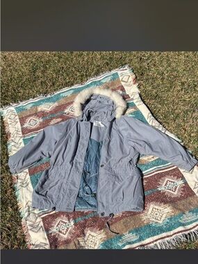 London Fog Light Gray Ski Jacket with Faux Fur Hood